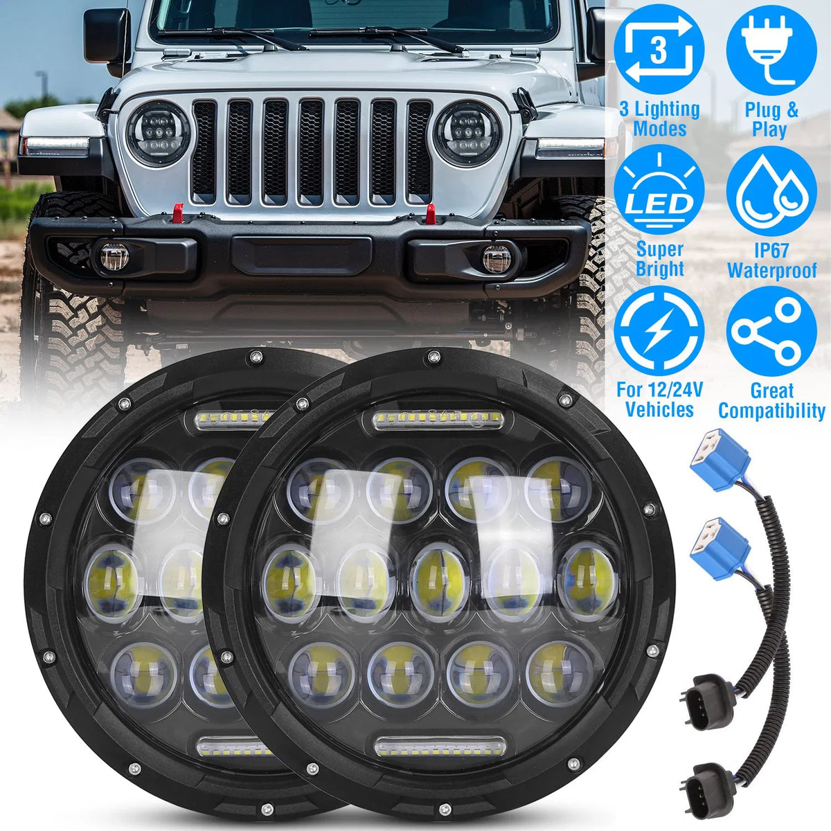 2Pcs 7In 75W Round LED Headlight 3500LM Halo Car Headlamp with DRL High Low