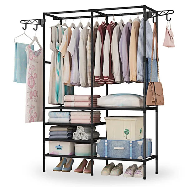 Metal Garment Rack Shoe Clothing Organizer Shelves Freestanding Multifunctional