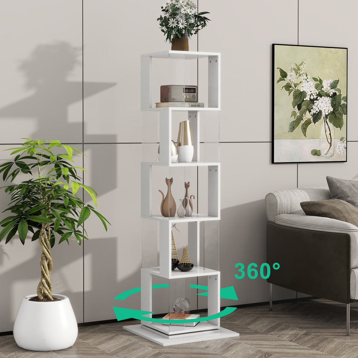 5-Tier White 360-Degree Rotating Bookshelf