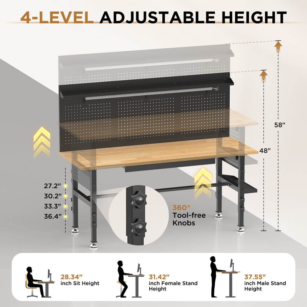 60 Inch Workbench with Drawers Solid Wood Top and Built In Power Strip - Dimensions and Specifications