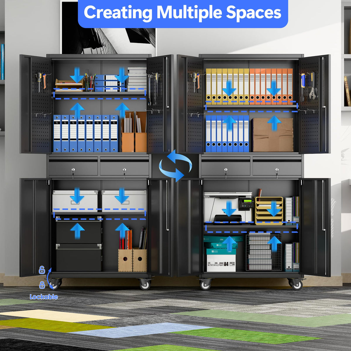 71 Inch Garage Storage Cabinet With 2 Drawers Pegboard And Wheels - Image 5
