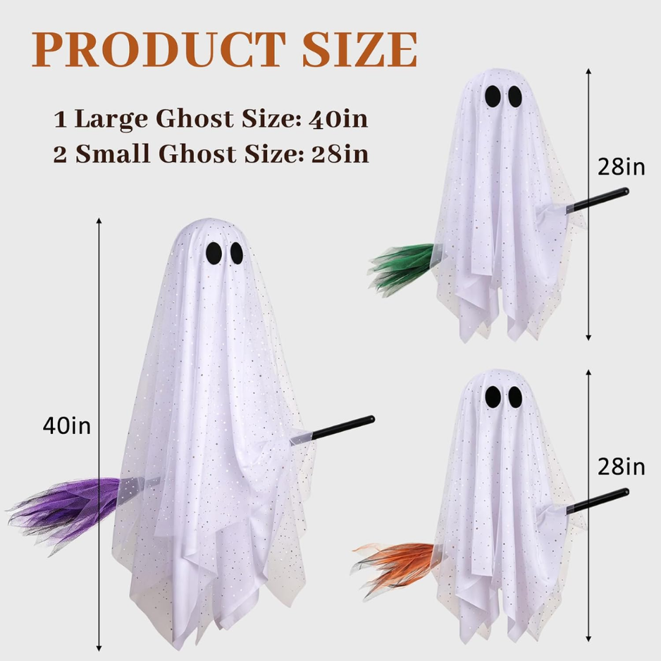 3 Pack Halloween Decorations Outdoor Hanging Decor Light Up Ghosts On Broom - Image 3