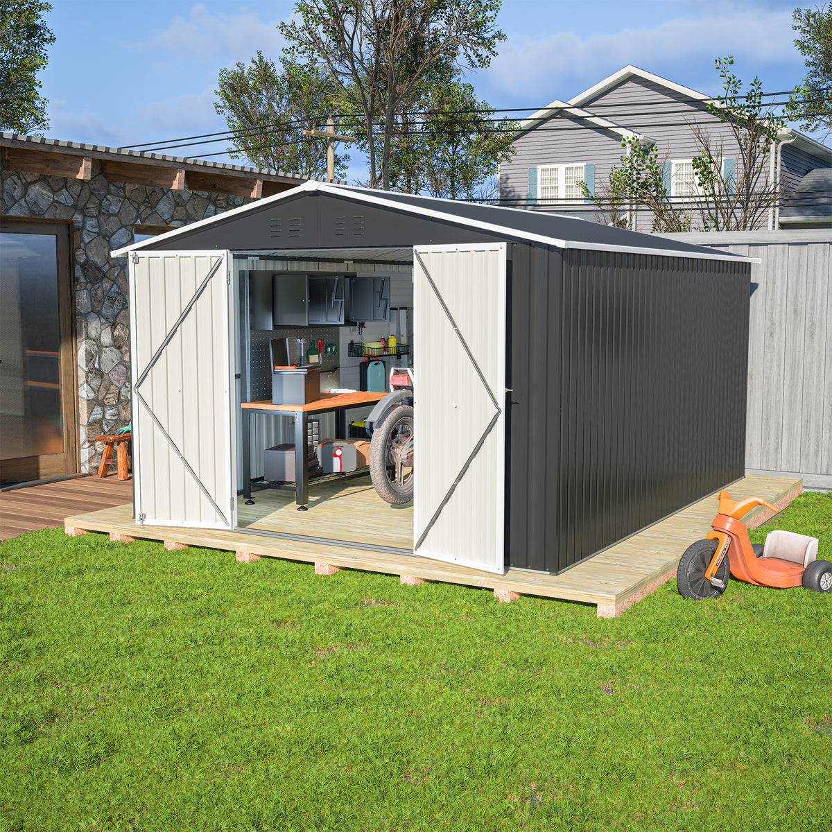 Outdoor Storage Shed 10x12 FT Utility Metal Tool Storage with Lockable Doors - Image 5