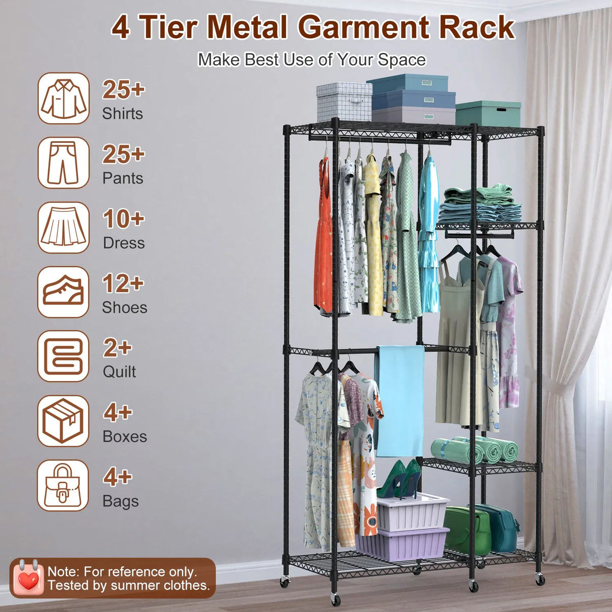 4 Tier Heavy Duty Garment Rack with 3 Hanging Rods 463LBS Capacity Rolling - Image 5