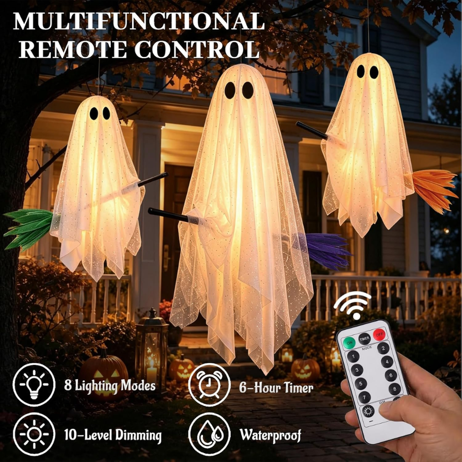 3 Pack Halloween Decorations Outdoor Hanging Decor Light Up Ghosts On Broom