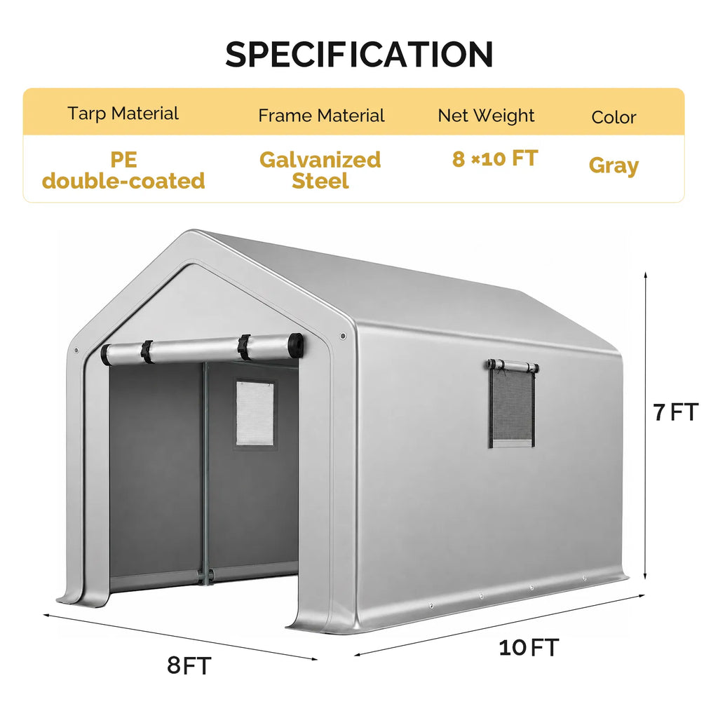 8x10ft outdoor storage shelter shed with roll up windows and steel frame - angle 8 detail