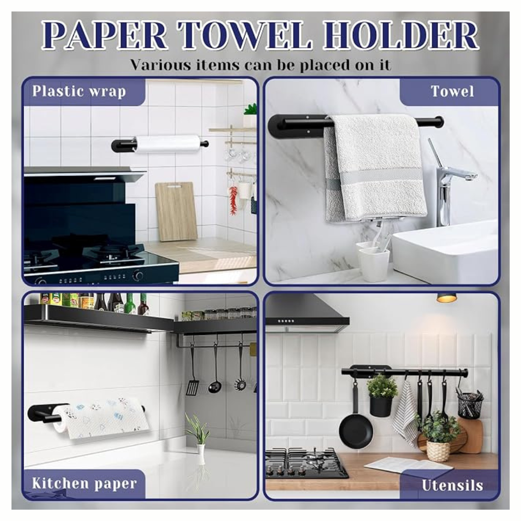 Black Self Adhesive Paper Towel Holder Under Cabinet Kitchen Roll Storage Rack - Image 4