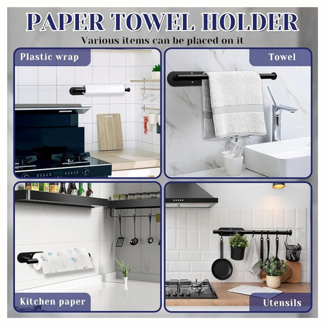 Black Self Adhesive Paper Towel Holder Under Cabinet Kitchen Roll Storage Rack - Image 4