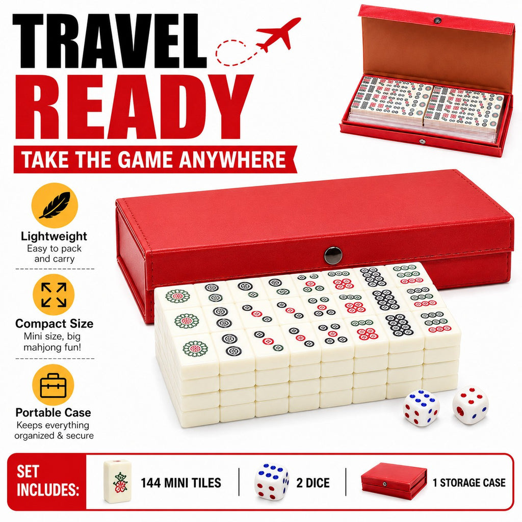 Pocket Mahjong Set 144 Mini Tiles 2 Dice Red Case Family Travel Games Gifts Toys - Image 4