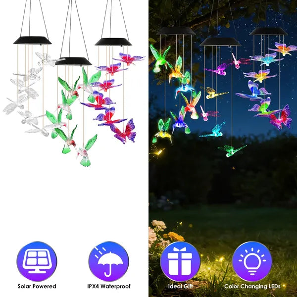 3Pack Solar Hummingbird Butterfly Dragonfly Wind Chimes 7 Color Changing Wind