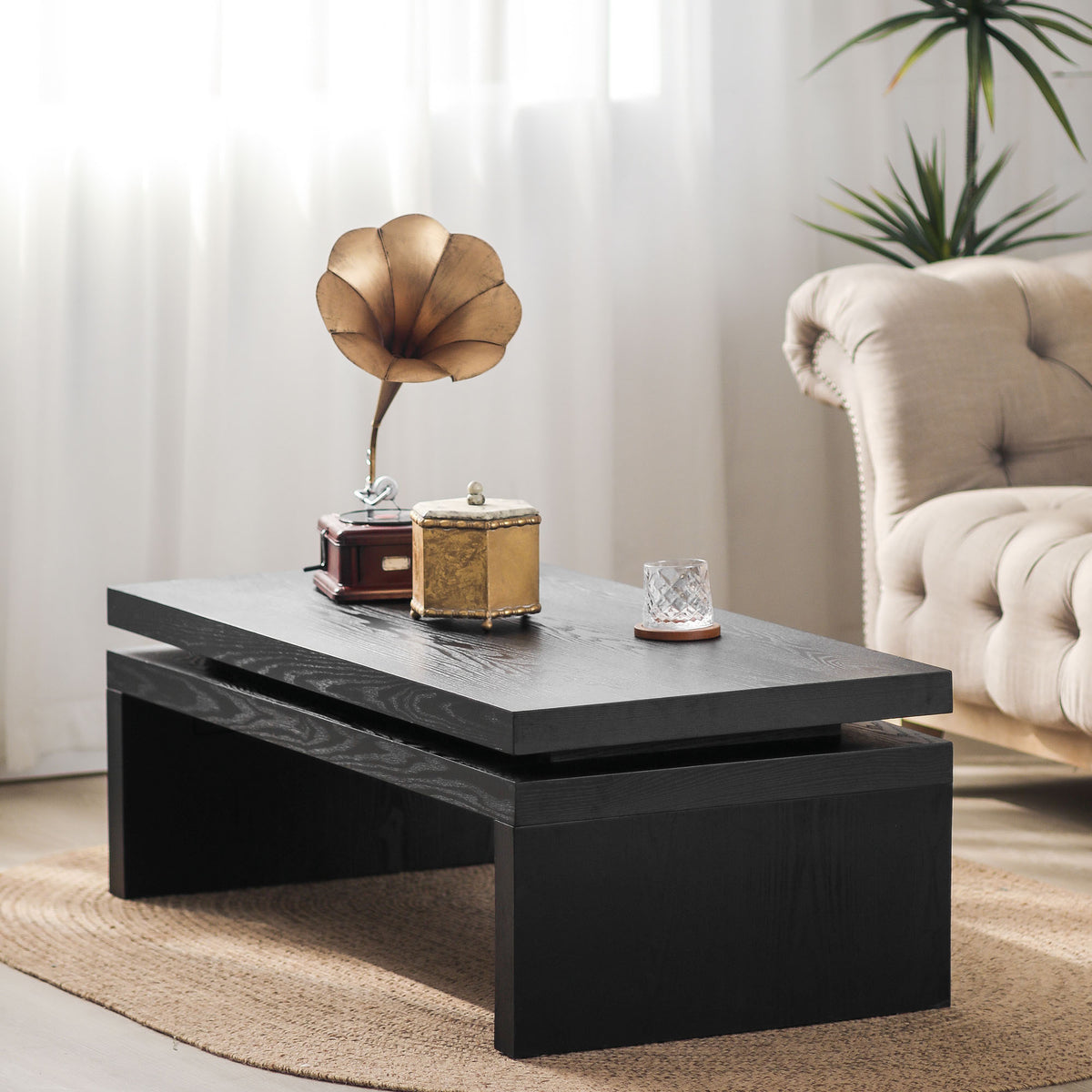 47in Modern Black Coffee Table with Floating-Top Design