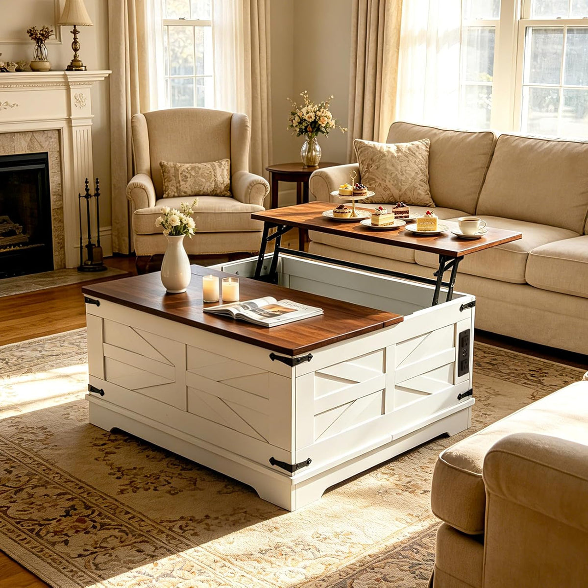31.5IN Lift Top Coffee Table With Charging Station Square Farmhouse Wood - Image 2