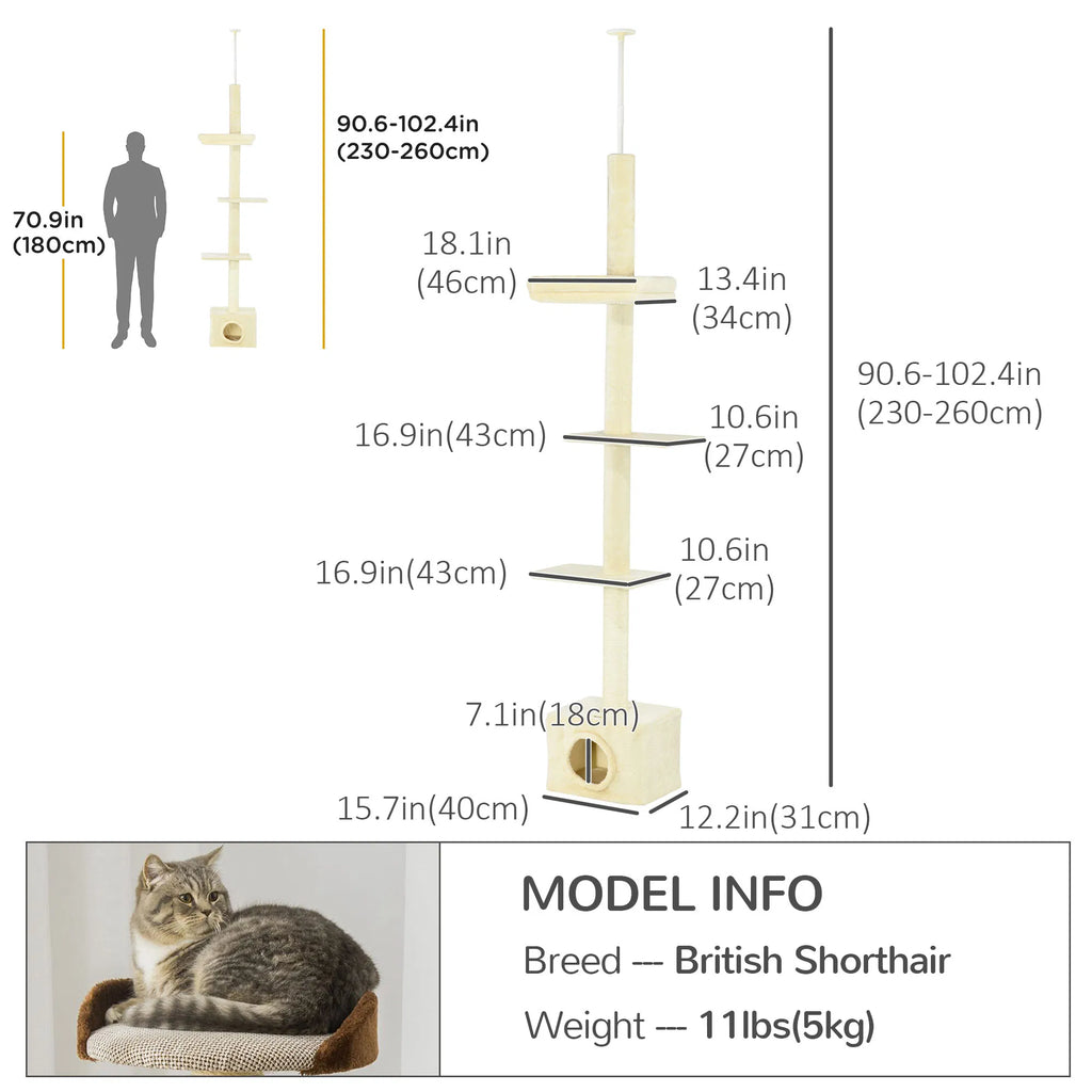 Floor to Ceiling Cat Tree with Scratching Post for Indoor Cats Adjustable - Image 4