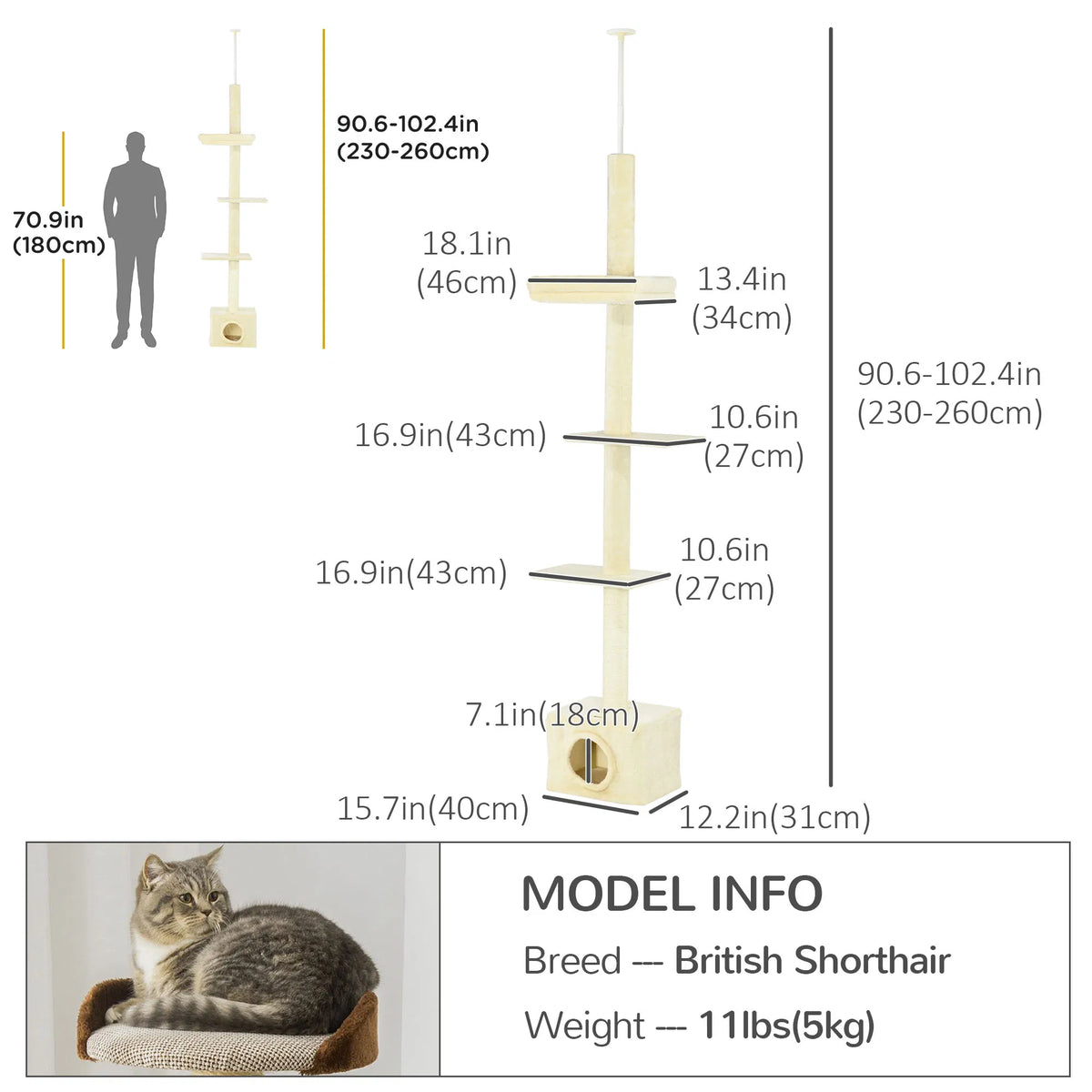 Floor to Ceiling Cat Tree with Scratching Post for Indoor Cats Adjustable - Image 4