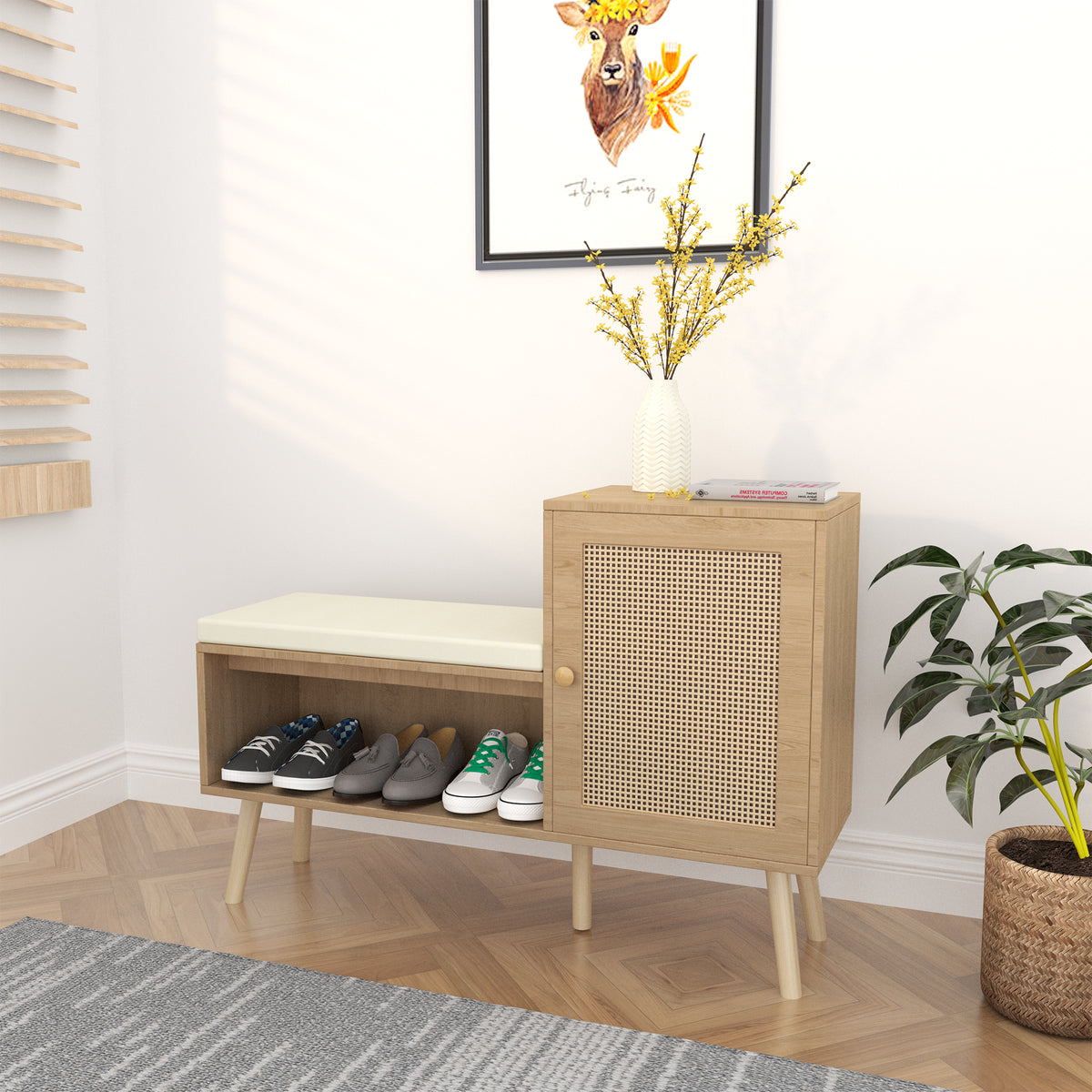 Rattan Shoe Storage Bench with Removable Cushion