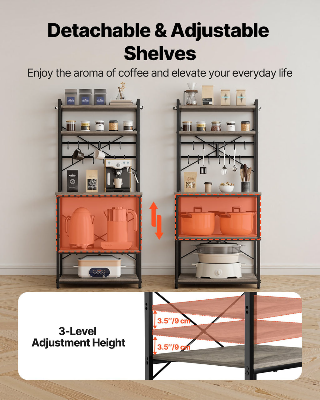 Kitchen Bakers Rack 23 Inch Width Stand With Shaped Support Bar 12 Hooks - In-Use and Feature Display