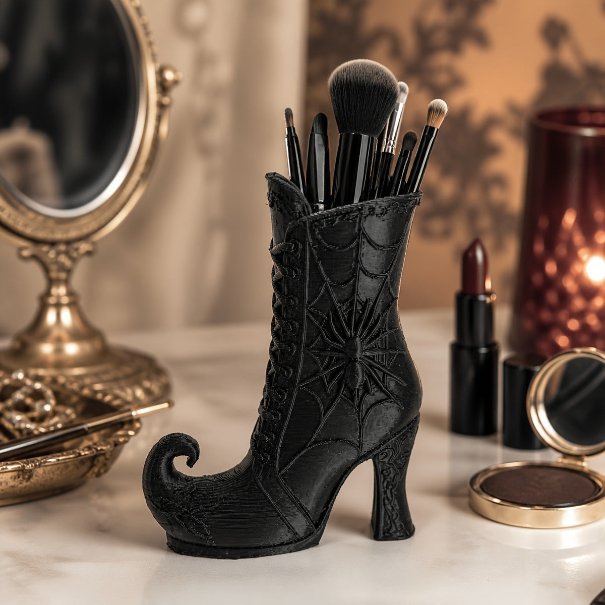 3D Printed Gothic Spiderweb Boot Pen Holder Halloween High Heel Desk - Image 4