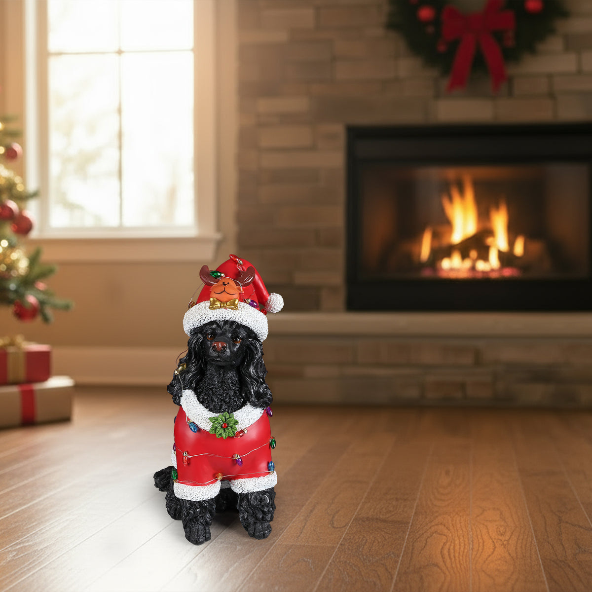Christmas Black Poodle Statue Holiday Dog Figurine in Red Santa Outfit - Image 3