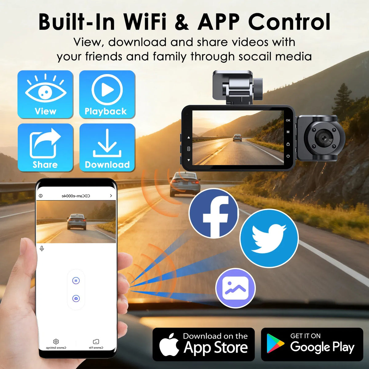 Car Dash Cam 3 Channel with Infrared Night Vision (4 IR Lights/Per Side) 1080P - Image 2