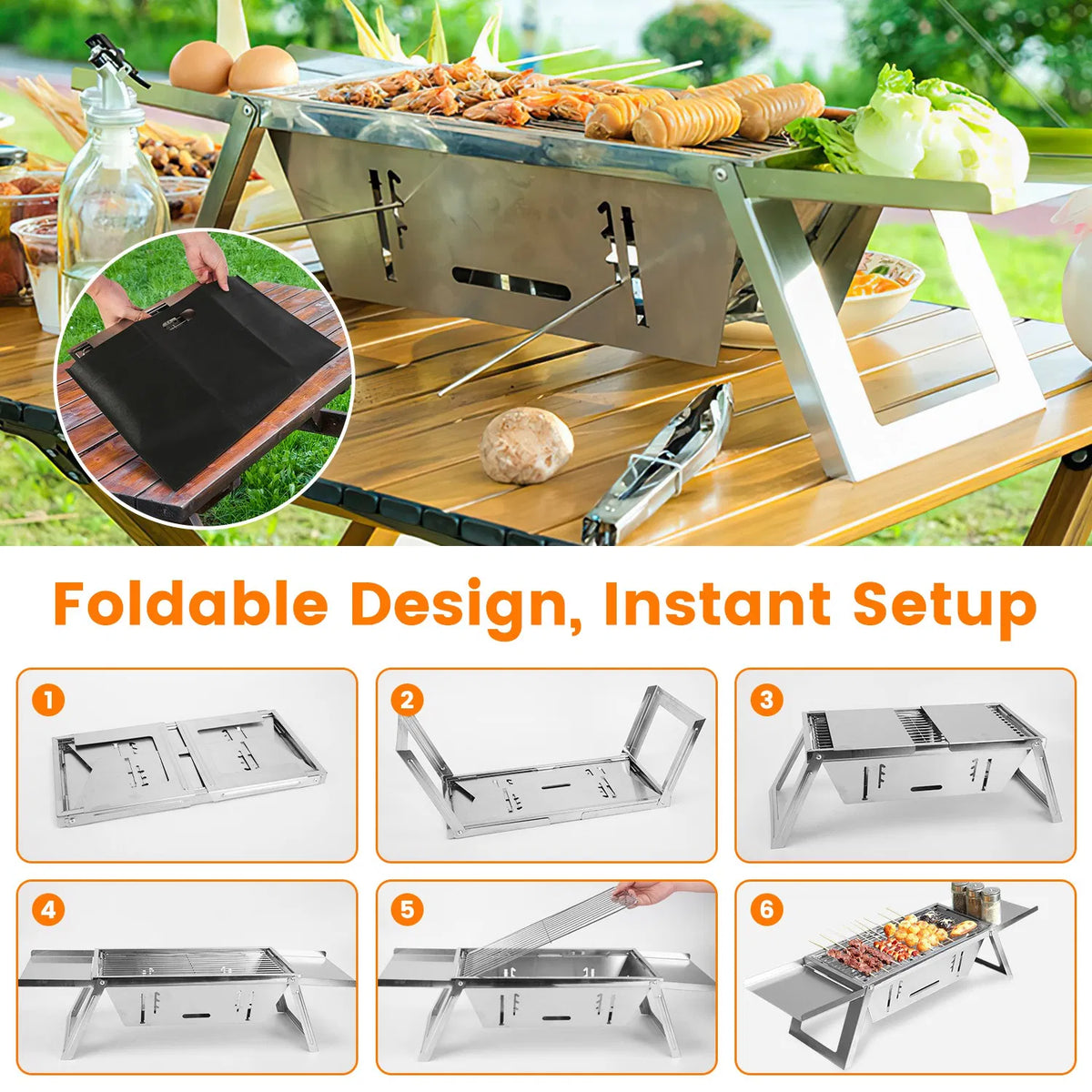 Foldable Charcoal BBQ Grill Stainless Steel Grill Net Easy Setup Portable - Image 3