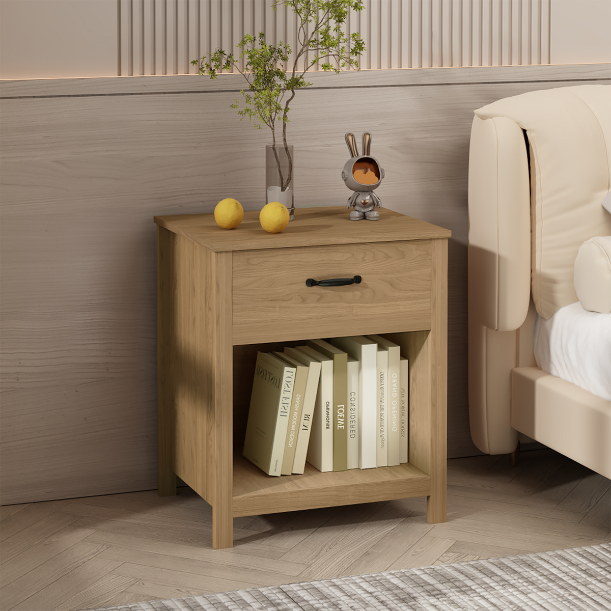 Natural Wood Nightstand with Drawer and Open Shelf