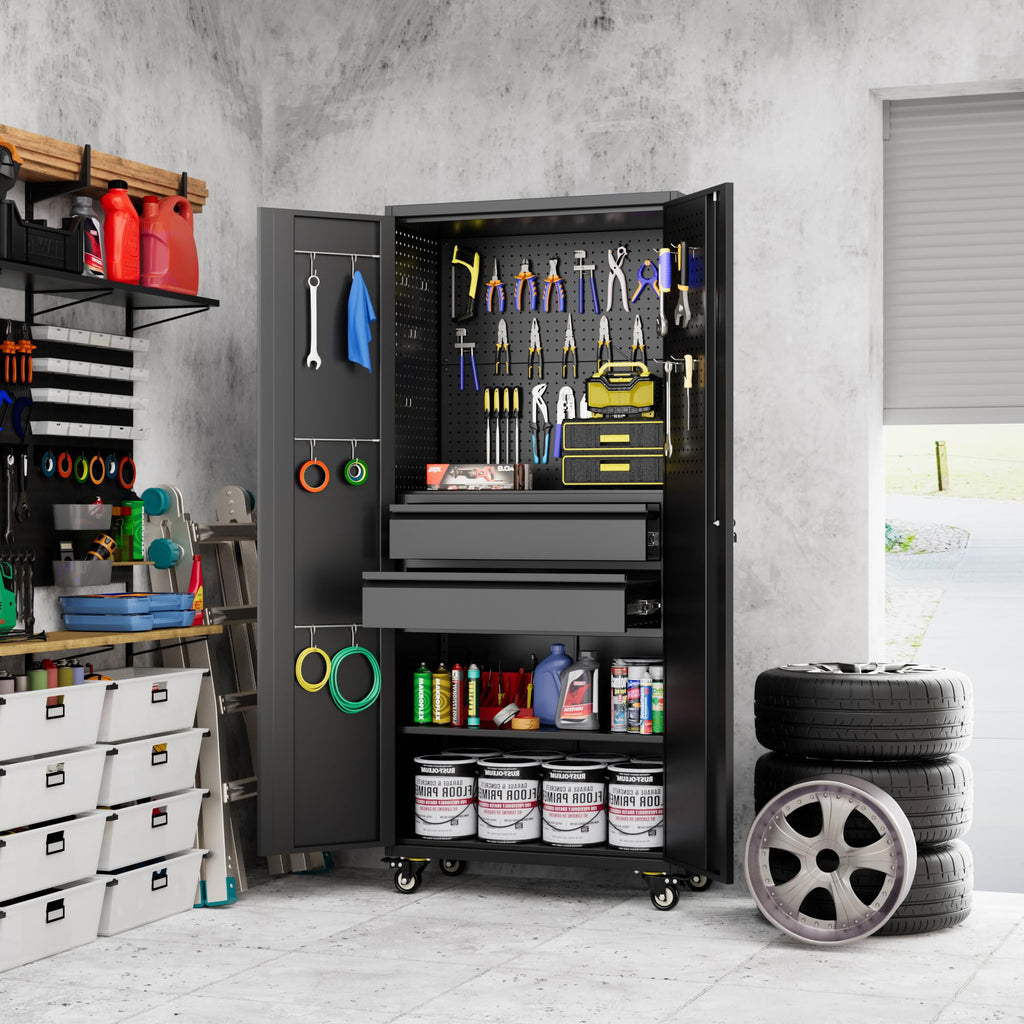 METAN 71inch Lockable Metal Tool Cabinet With 2 Drawers 4 Wheels & Pegboards