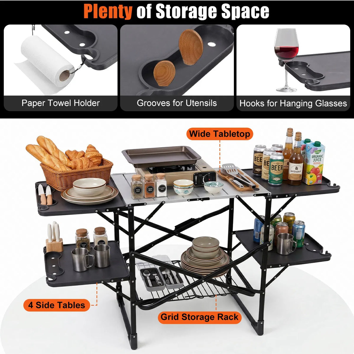 Foldaway Outdoor Cooking Table with Detachable Lamp Holder 4 Fold Side Trays - Image 3