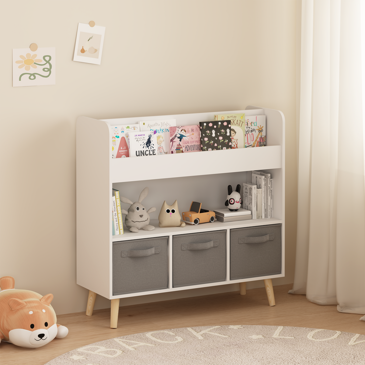 Kids Bookshelf with Three Fabric Storage Bins