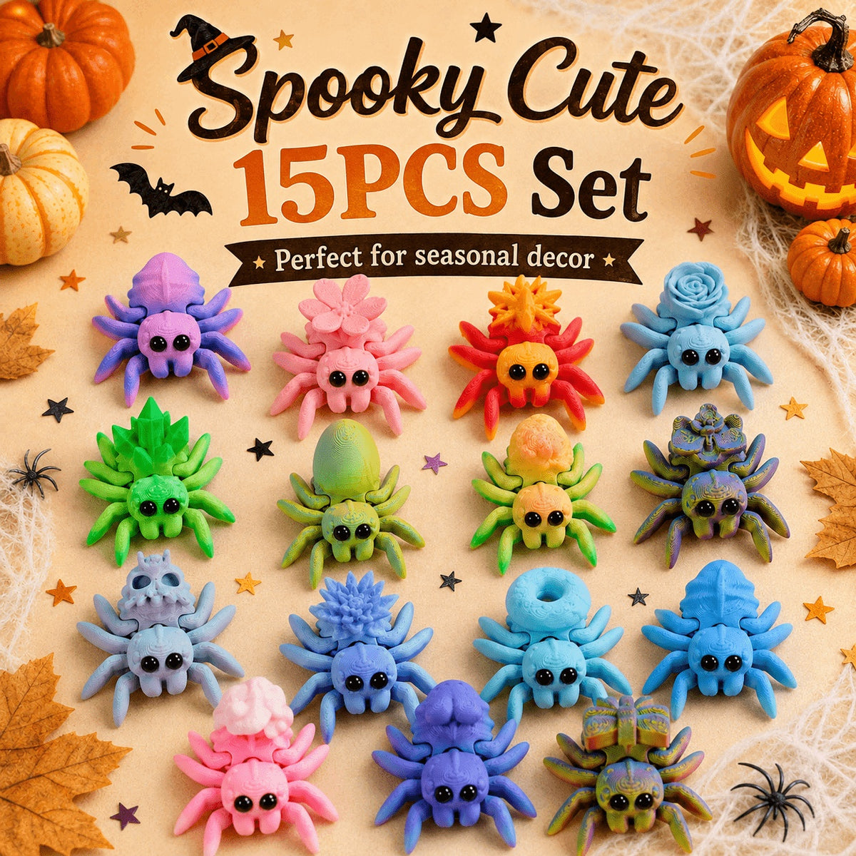 15pcs 3D Printed Mini Spider Figurine Set Cute Assorted Seasonal Desk Decor