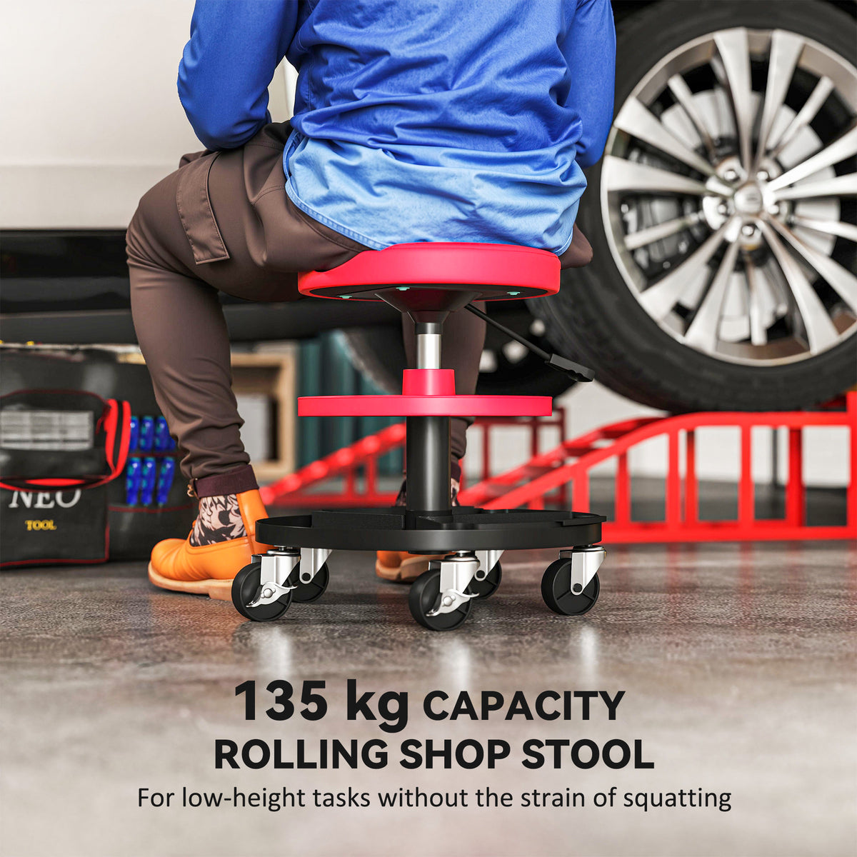 Rolling Mechanic Stool 135kg Capacity Workshop Stool 360° Swivel Roller - Image 3