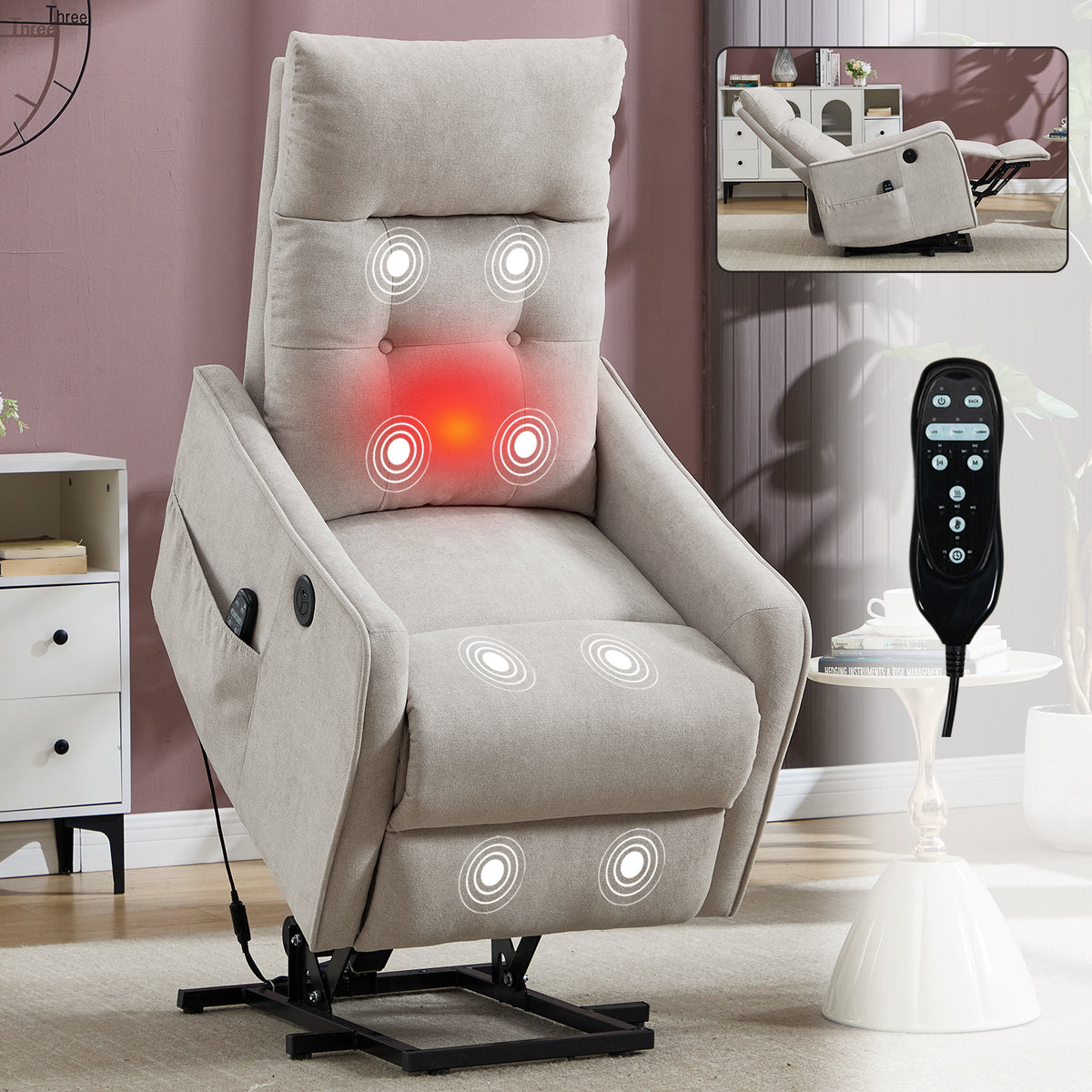 Beige Chenille Single Motor Power Lift Recliner Chair with Massage and Heat for - Image 2