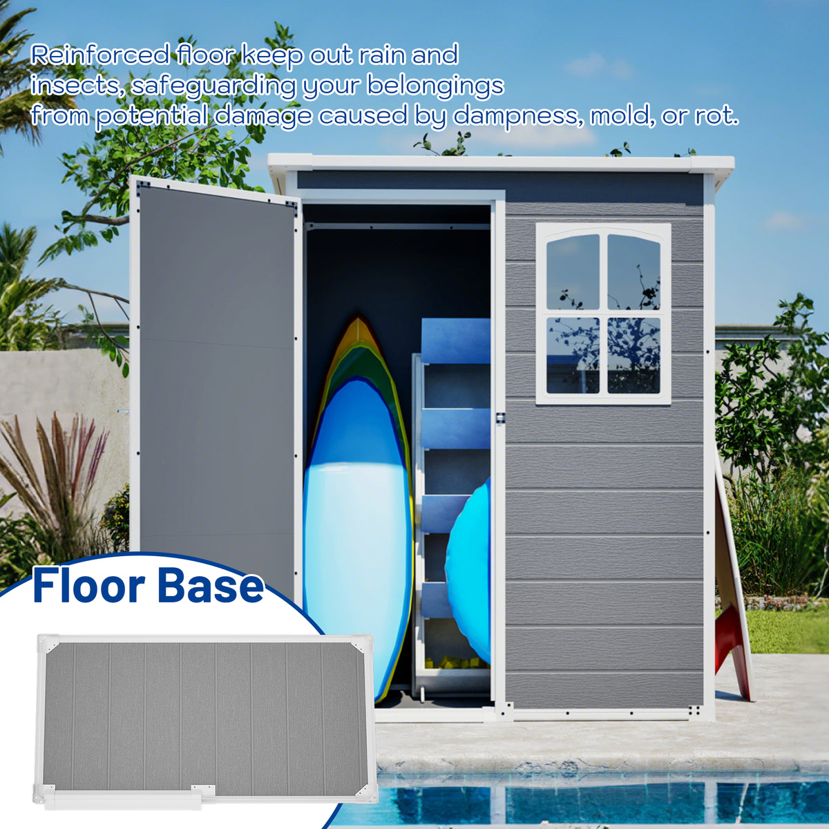 5x3ft resin outdoor storage shed window and floor detail