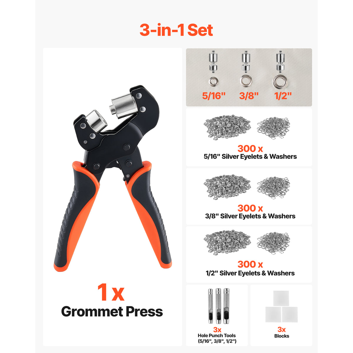 Grommet Tool Kit 5/16" 3/8" 1/2" 900 PCS Grommets Eyelet Tool Kit With Eyelets - Image 5