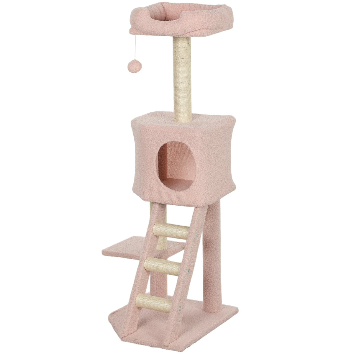 47" Tall Cat Tree Tower with Condo Ladder Scratching Posts and Hanging Ball Pink - Image 5