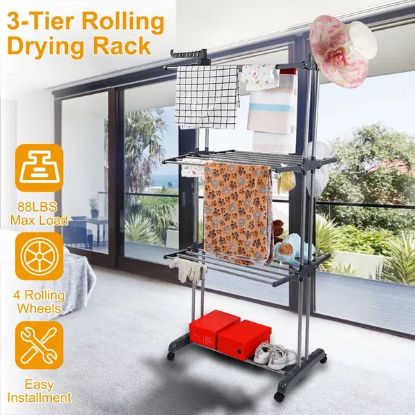 Clothes Drying Rack Rolling Collapsible Laundry Dryer Hanger Stand Rail Shelve - Image 4