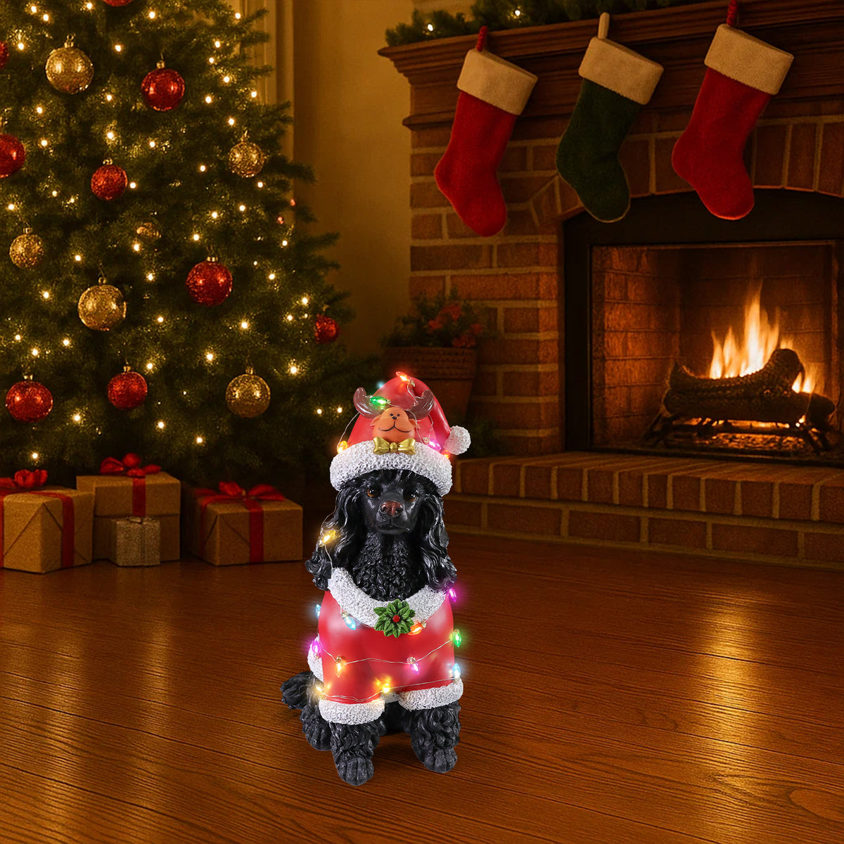 Christmas Black Poodle Statue Holiday Dog Figurine in Red Santa Outfit - Image 5