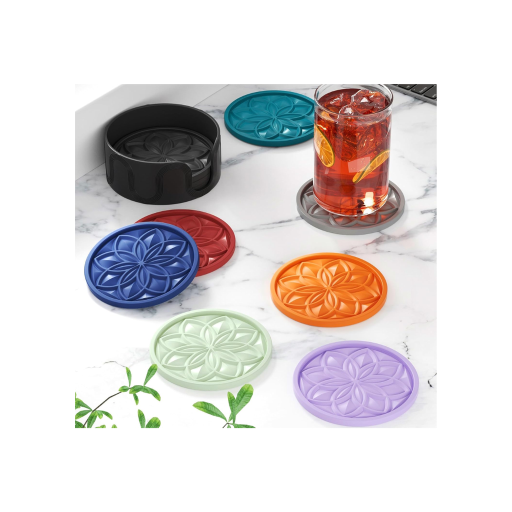 6 Pack Silicone Drink Coasters With Holder For Coffee Table Bar Desk Non Slip