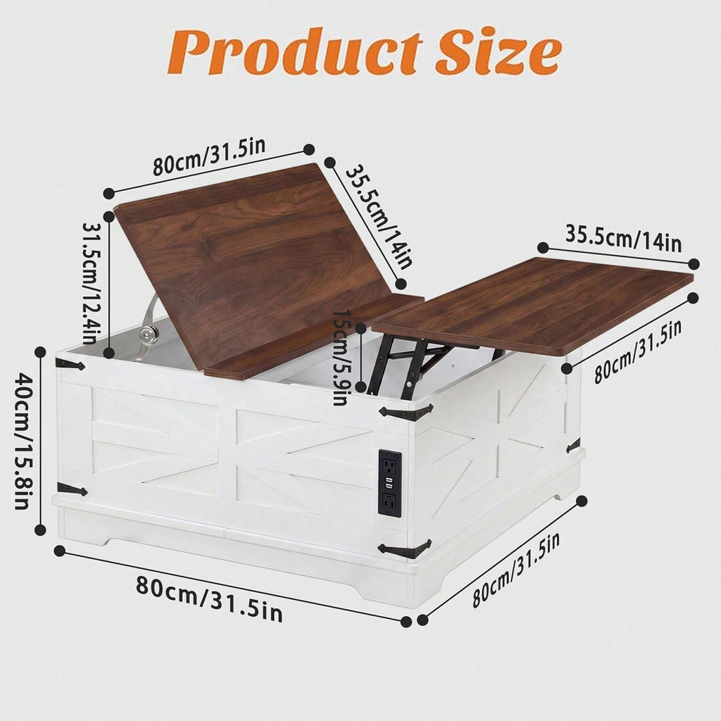 31.5IN Lift Top Coffee Table With Charging Station Square Farmhouse Wood - Image 3