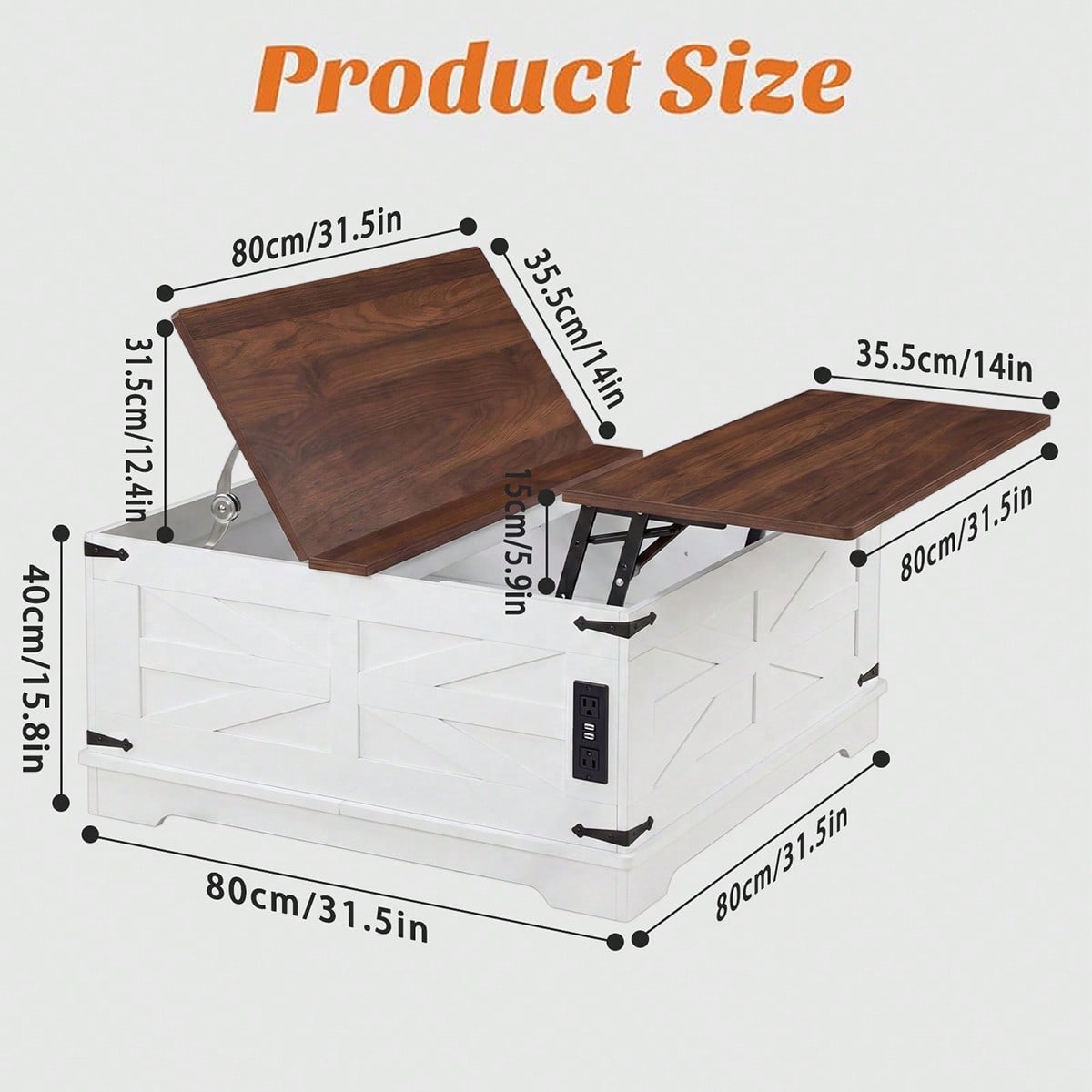 31.5IN Lift Top Coffee Table With Charging Station Square Farmhouse Wood - Image 3