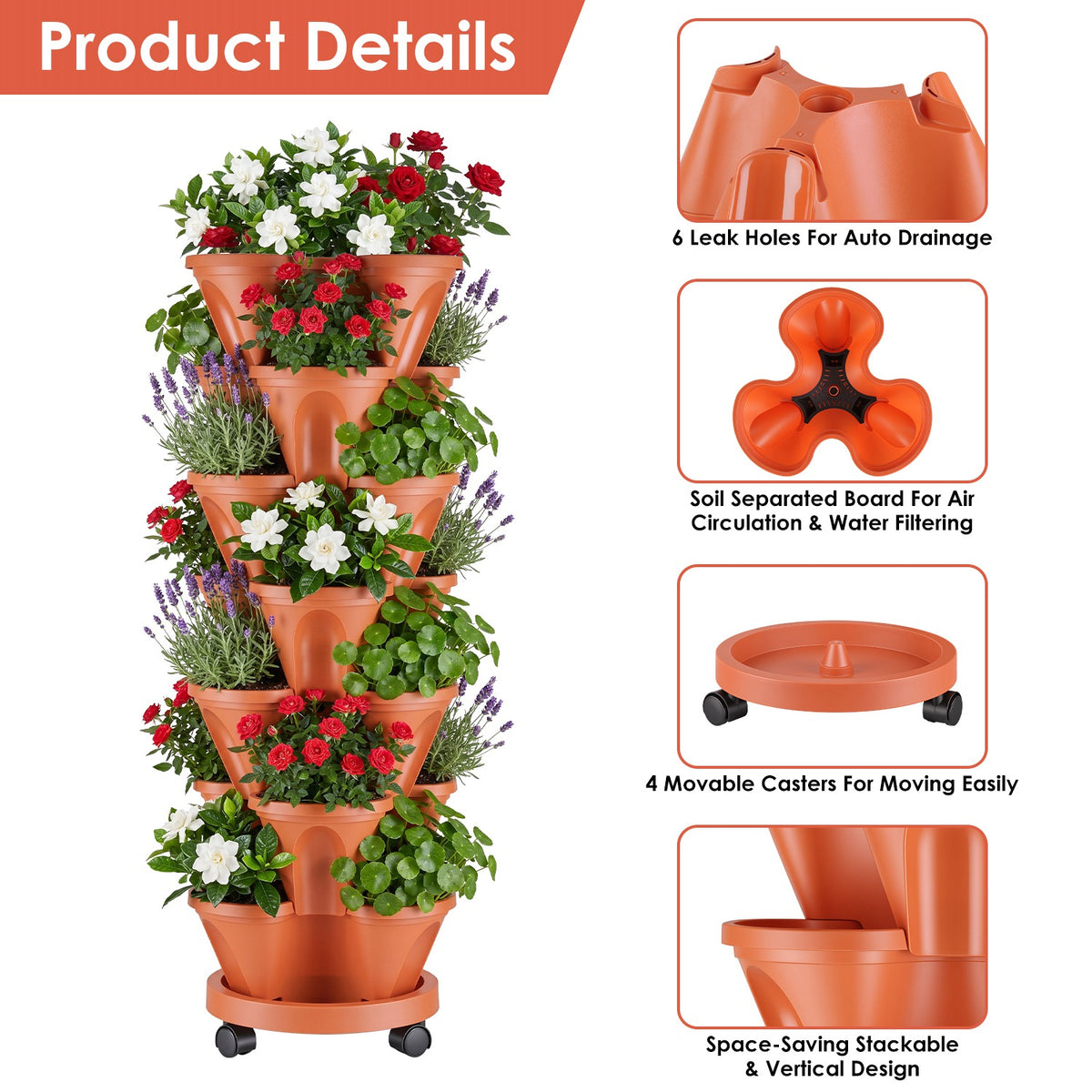 7 Tier Stackable Vertical Planter With Wheels Strawberry Planter Tower Space - Image 4
