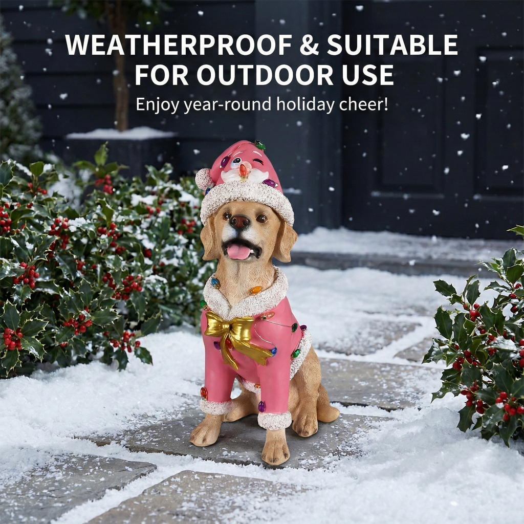 Christmas Labrador Retriever Statue Holiday Dog Figurine in Pink Santa Outfit - Image 5