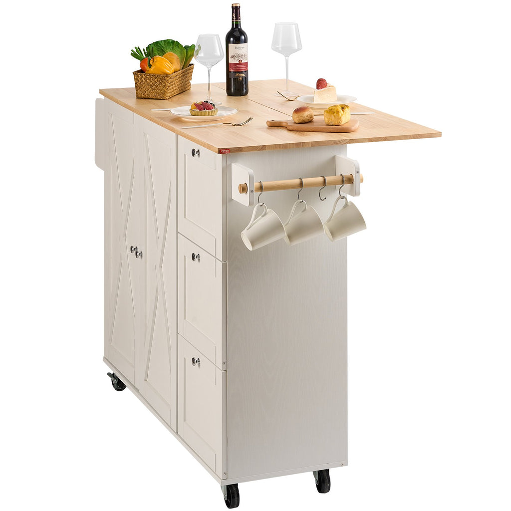 Mobile Kitchen Island with Solid Wood Top and Drop Leaf