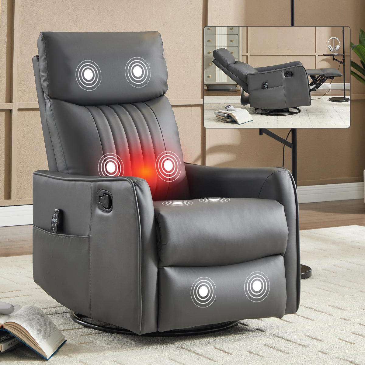 Grey Faux Leather Heat Massage Manual Recliner Chair with Rocker and Swivel for - Image 3