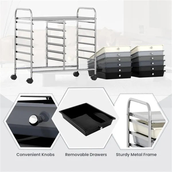 12 Drawer Rolling Storage Cart 2 Row 10 Storey Multicolor Drawers 4 Wheels