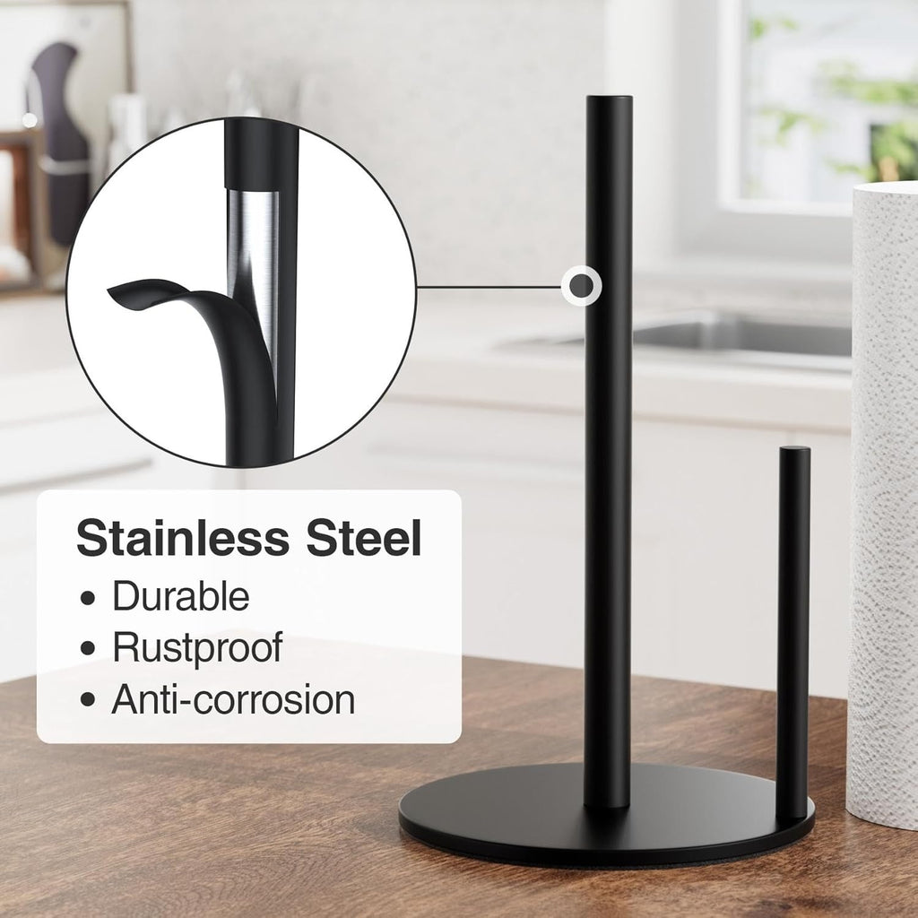Black Stainless Steel Paper Towel Holder Countertop Roll Organizer - In-Use and Feature Display