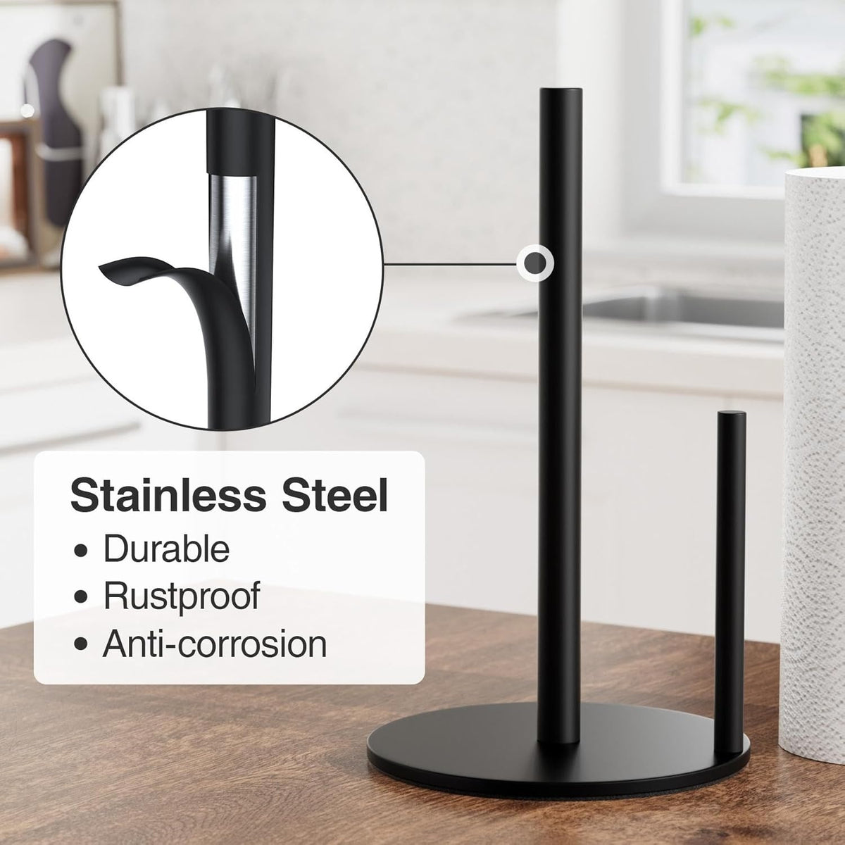 Black Stainless Steel Paper Towel Holder Countertop Roll Organizer - In-Use and Feature Display