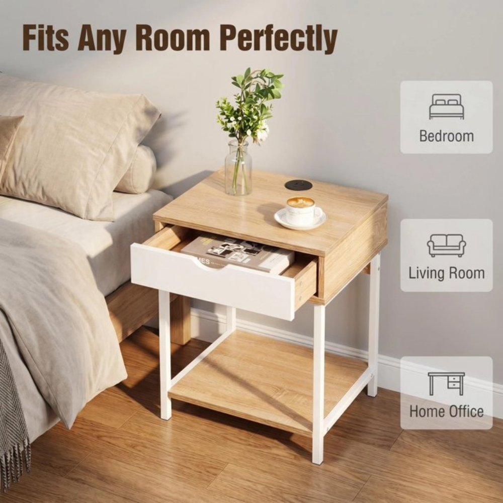 White Oak Grain Side Table Nightstand With Drawer And Shelves Living Room Sofa - Image 5