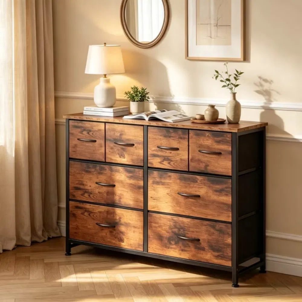 8 Drawers Fabric Cabinet Metal Frame Wide Wood Top Storage Tower TV Stand