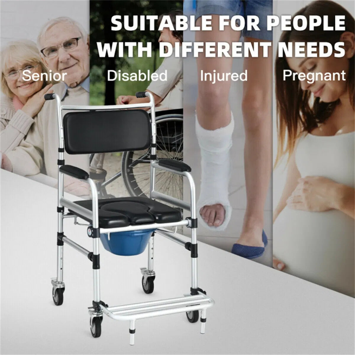 2 in 1 Aluminum Commode Shower Wheelchair Bath/Toilet Use Adjustable Height