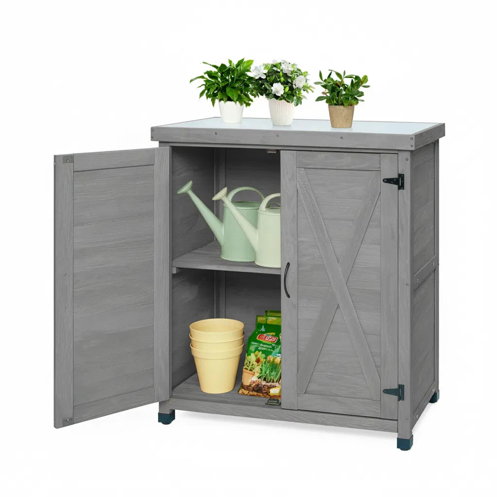 Potting Bench with Storage Cabinet and Metal Table Top for Outdoor